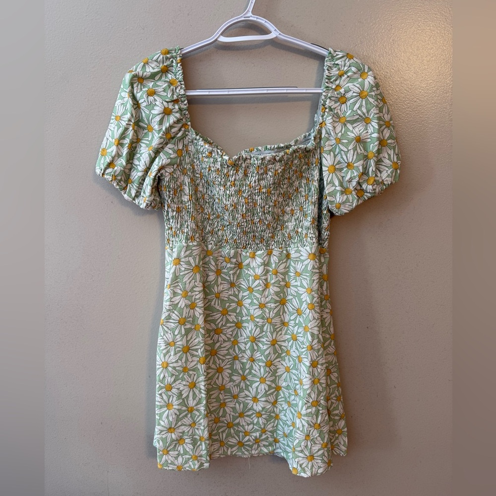 Zara Womens Linen Blend Babydoll Smocked Mini Daisy Floral Dress Large Green